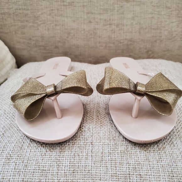 Melissa Harmonic Bow Flip Flops Beige/Gold Glitter Sz 8 - Picture 3 of 11